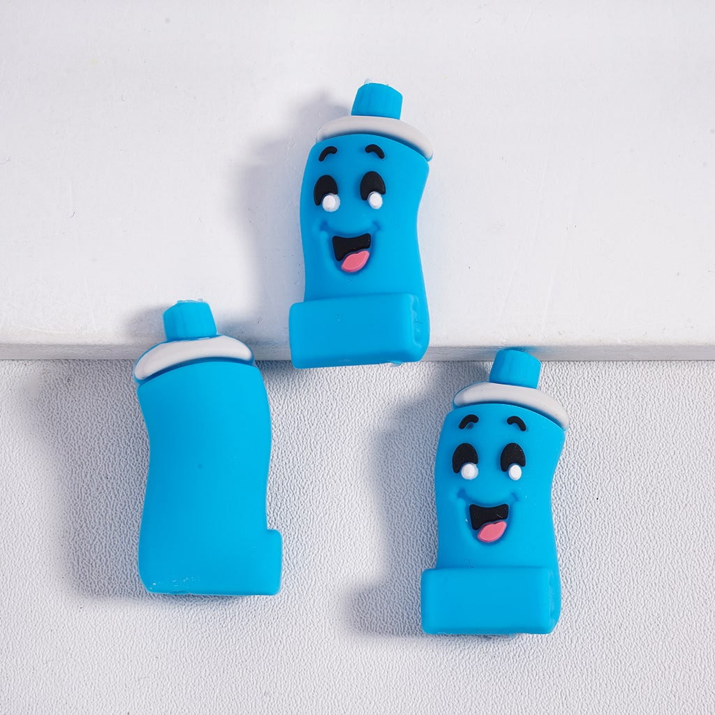 Silicone Focal Beads 3D Blue Toothpaste Character with Smiling Face Expression