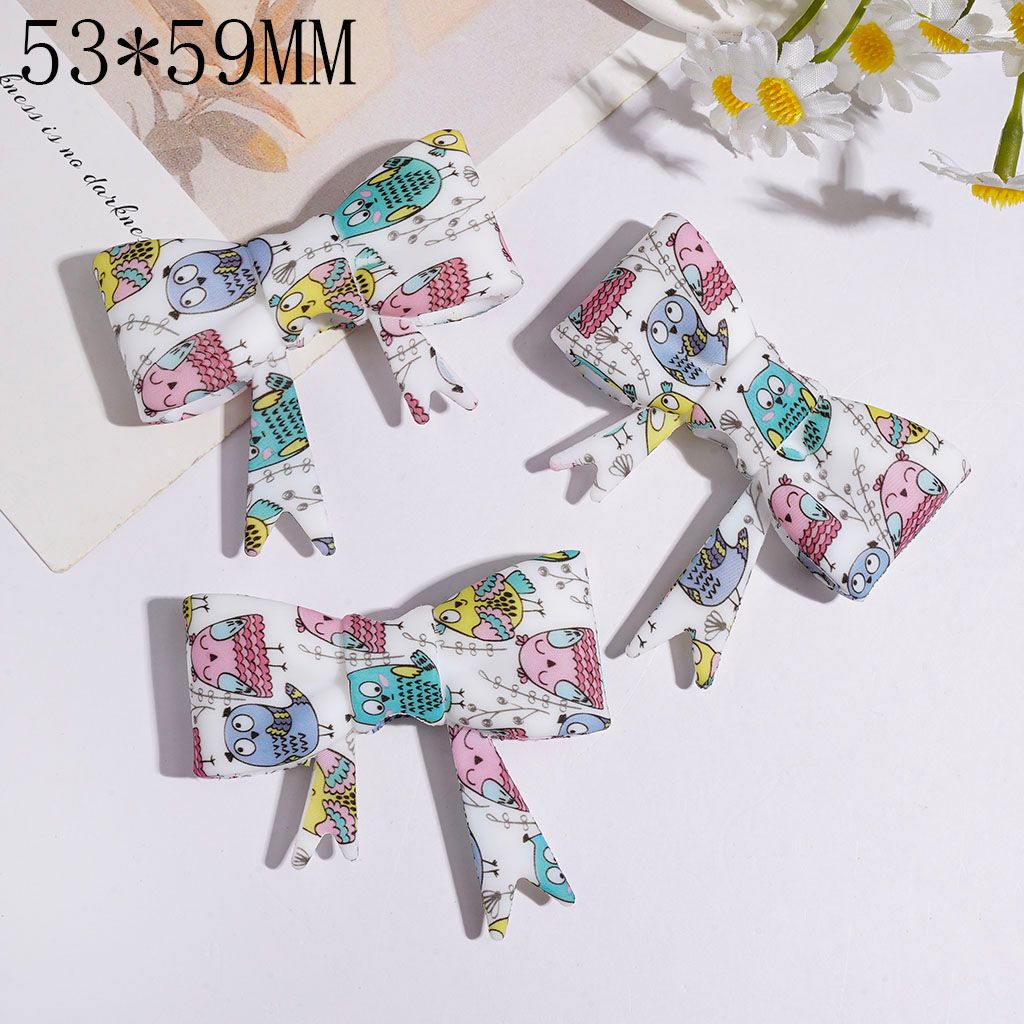 Silicone Focal Beads Soft Bowtie with Cute Owl Flower Leaf Pattern, 53*59MM