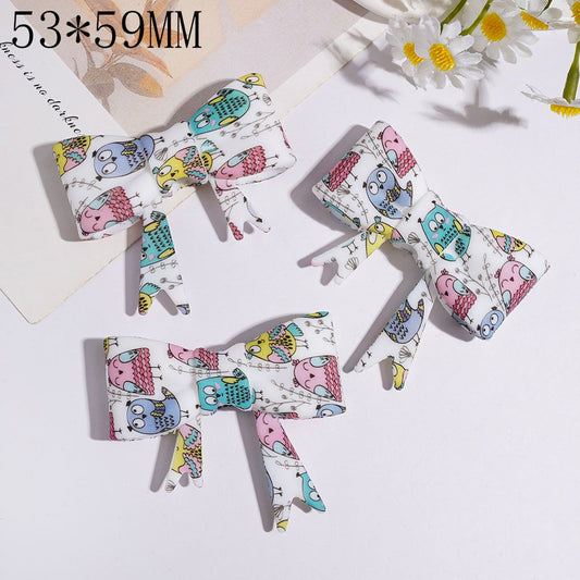 Silicone Focal Beads Soft Bowtie with Cute Owl Flower Leaf Pattern, 53*59MM