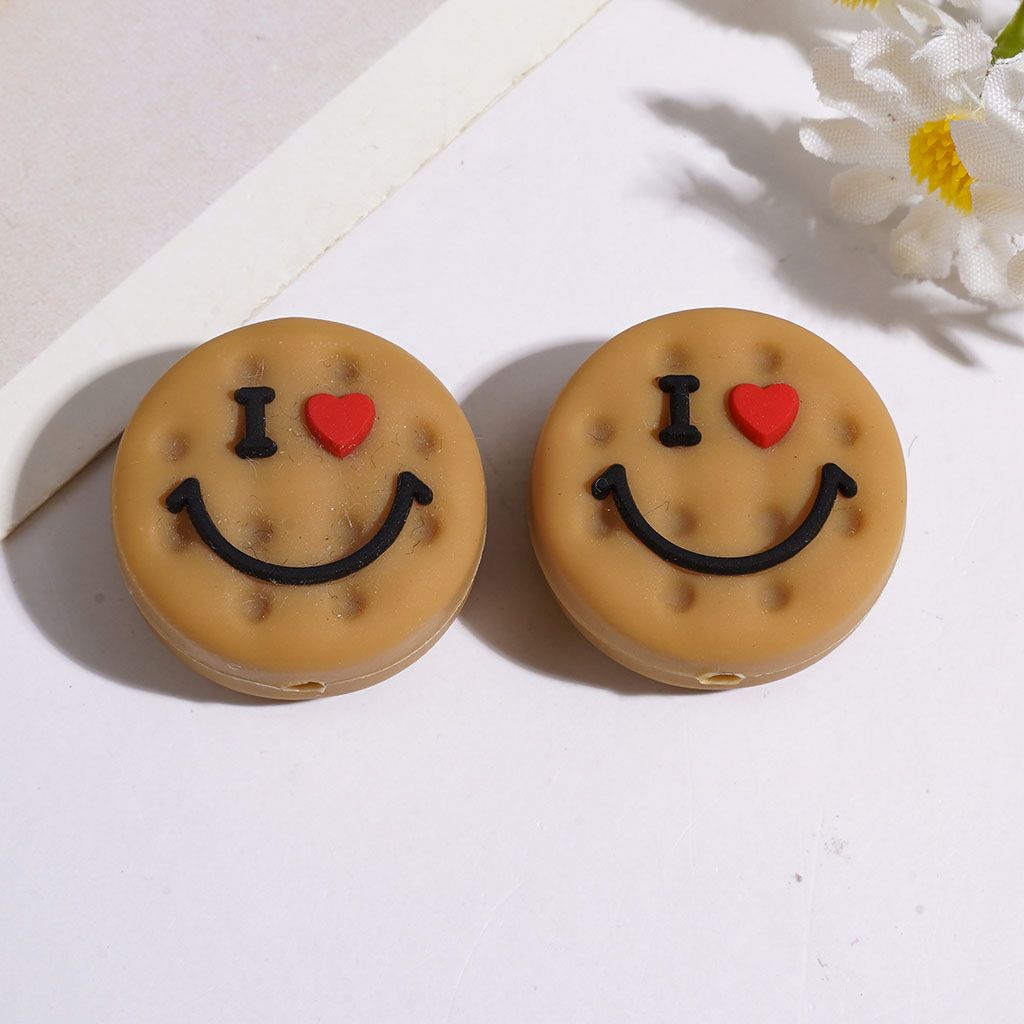 Silicone Focal Beads Cookies with Smiling Face, Flat Round Shape, 23MM Multi-Color