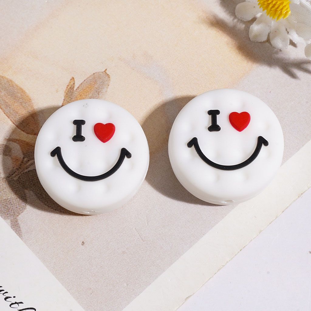 Silicone Focal Beads Cookies with Smiling Face, Flat Round Shape, 23MM Multi-Color