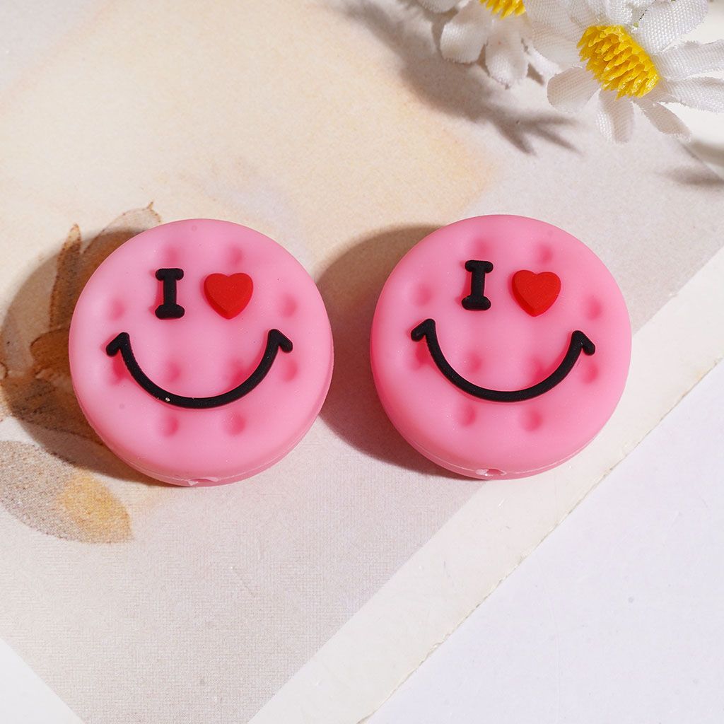 Silicone Focal Beads Cookies with Smiling Face, Flat Round Shape, 23MM Multi-Color