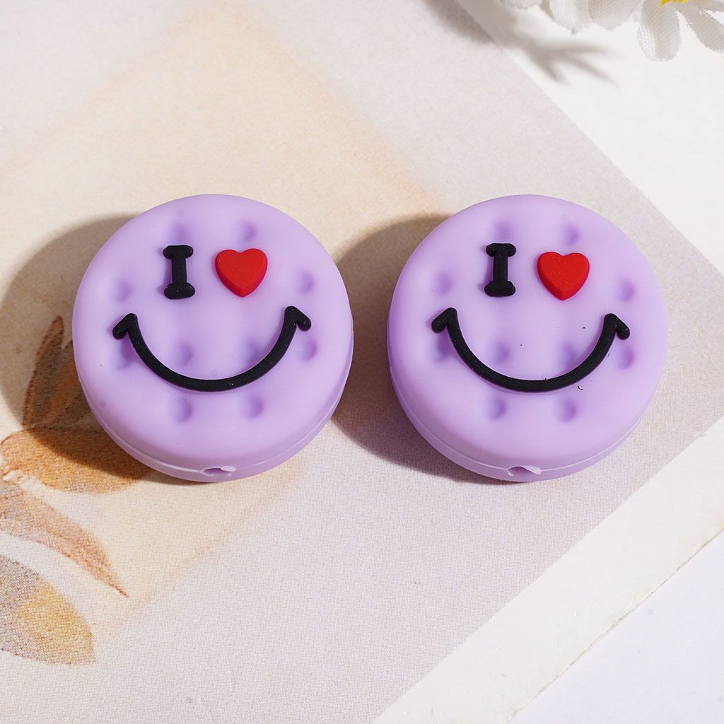 Silicone Focal Beads Cookies with Smiling Face, Flat Round Shape, 23MM Multi-Color