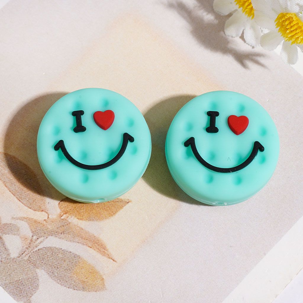 Silicone Focal Beads Cookies with Smiling Face, Flat Round Shape, 23MM Multi-Color
