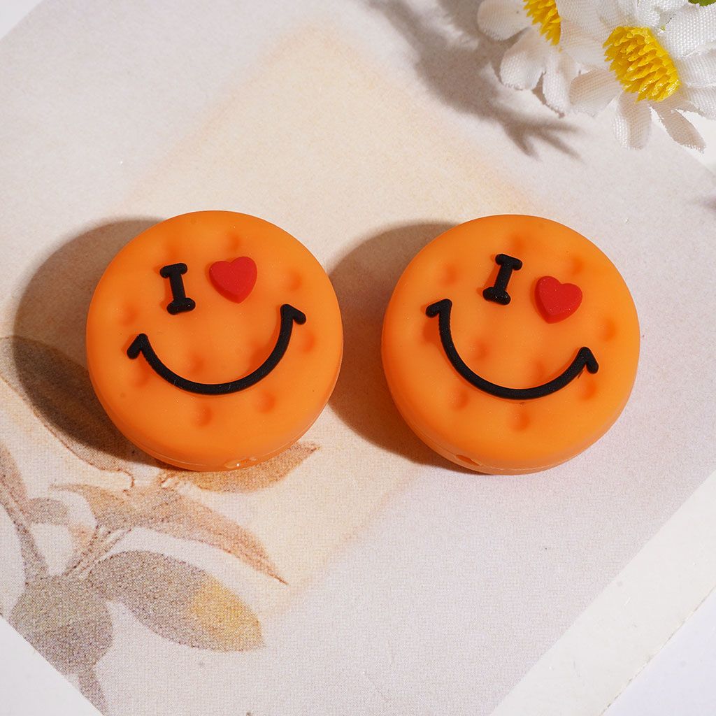 Silicone Focal Beads Cookies with Smiling Face, Flat Round Shape, 23MM Multi-Color