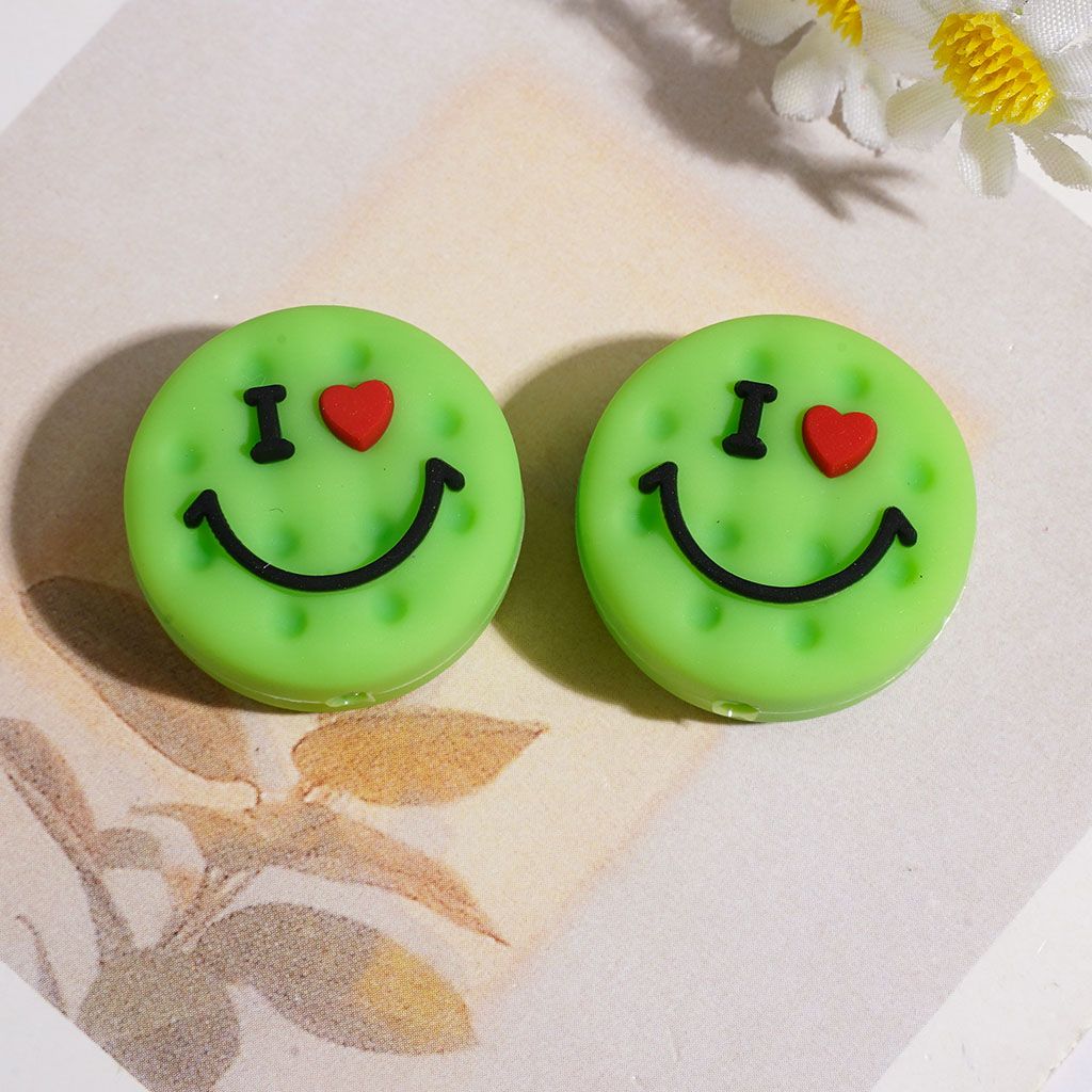 Silicone Focal Beads Cookies with Smiling Face, Flat Round Shape, 23MM Multi-Color