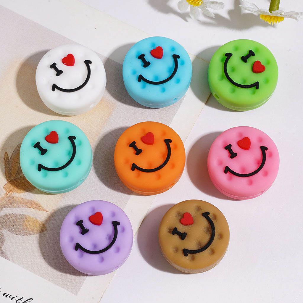 Silicone Focal Beads Cookies with Smiling Face, Flat Round Shape, 23MM Multi-Color