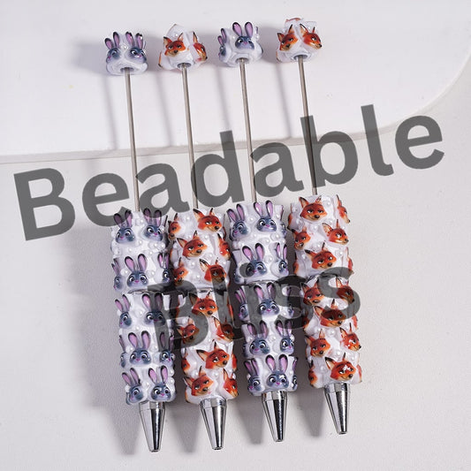 Beadable Clay Pens with Bunny and Fox Faces in Crazy Animal City Series, White Pearls, Random Mix