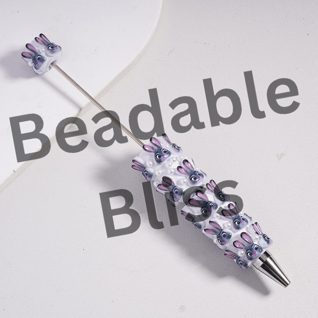 Beadable Clay Pens with Bunny and Fox Faces in Crazy Animal City Series, White Pearls, Random Mix