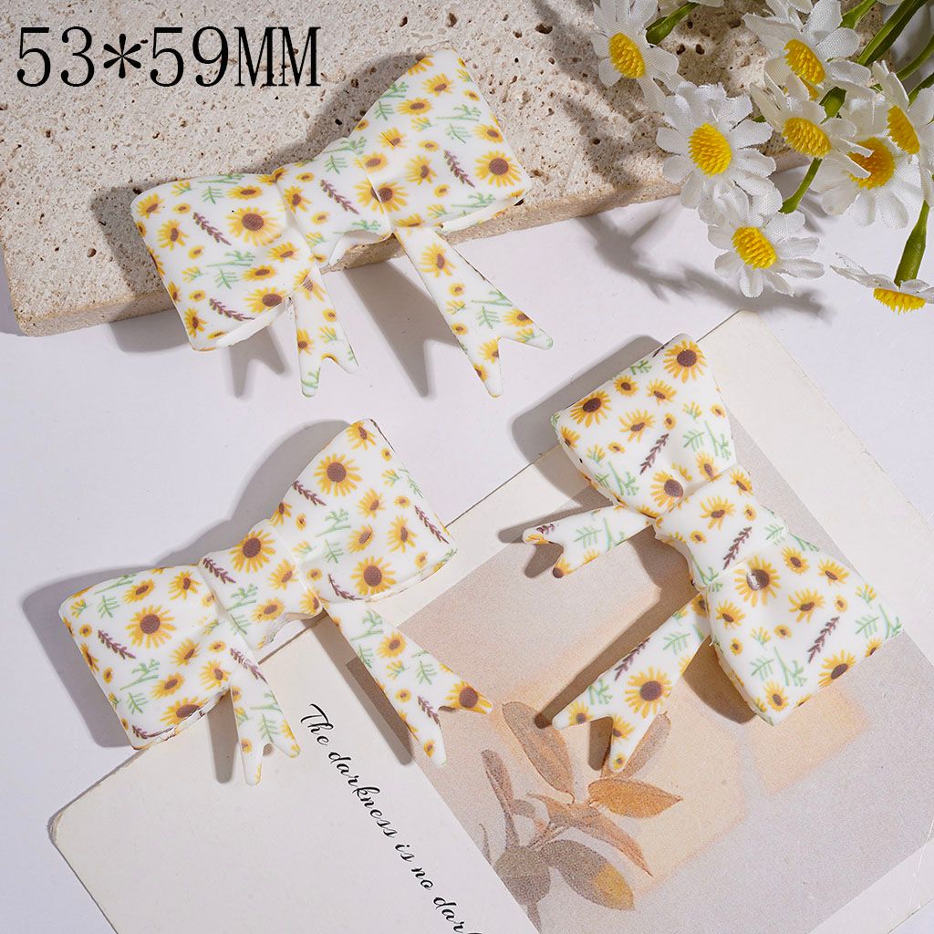Bowtie with Sunflower and Leaves Pattern Silicone Focal Beads Soft, 53*59MM