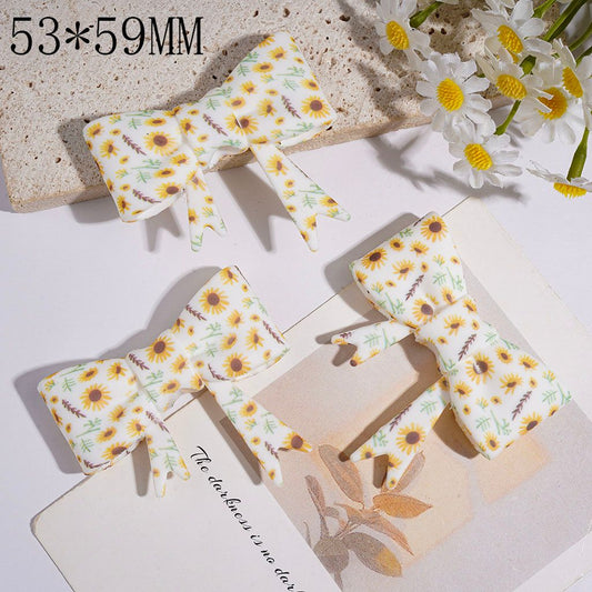Bowtie with Sunflower and Leaves Pattern Silicone Focal Beads Soft, 53*59MM