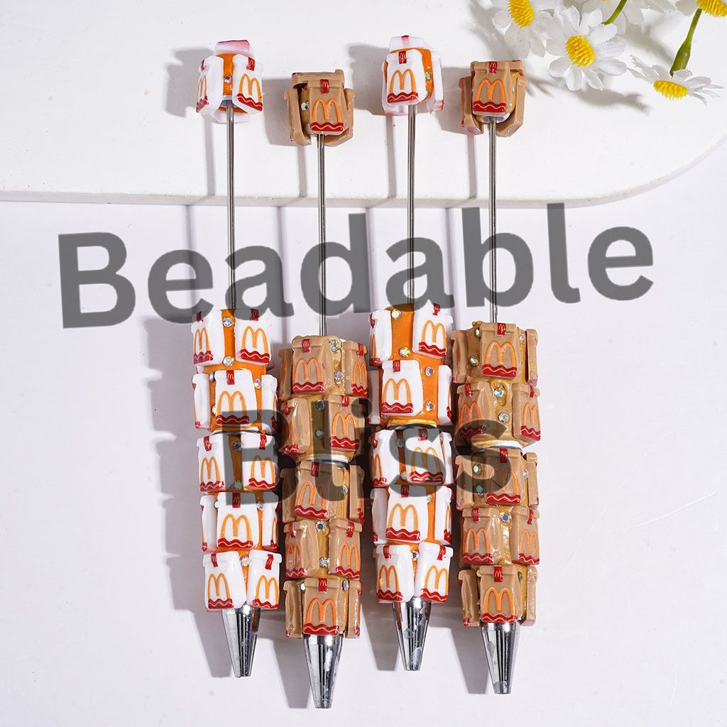 Beadable Clay Pens with Delicious Fast Food Bag and AB Rhinestones, White & Light Brown