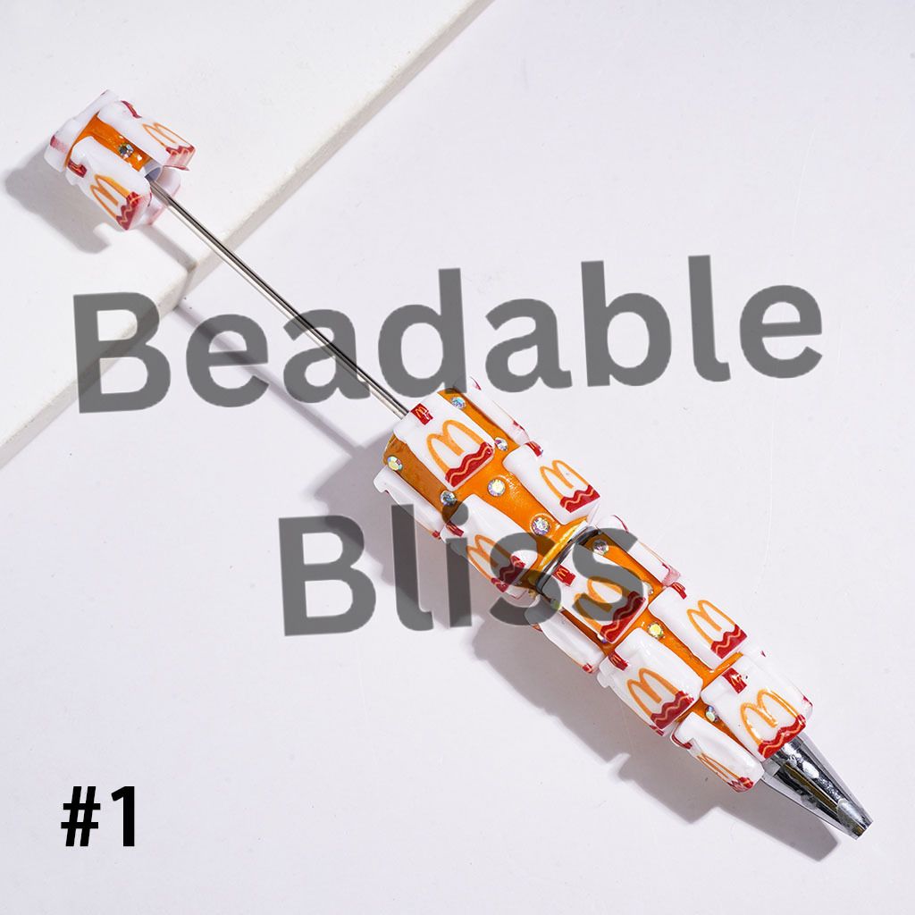 Beadable Clay Pens with Delicious Fast Food Bag and AB Rhinestones, White & Light Brown