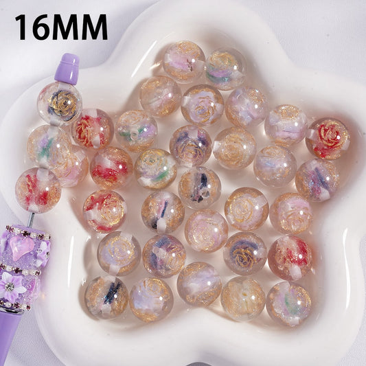 Acrylic Beads for Bracelets Ombre Color Two Rose Flowers and Gold Glitter Embedded Inside Bead, 16MM, Semi-Clear, Random Mix