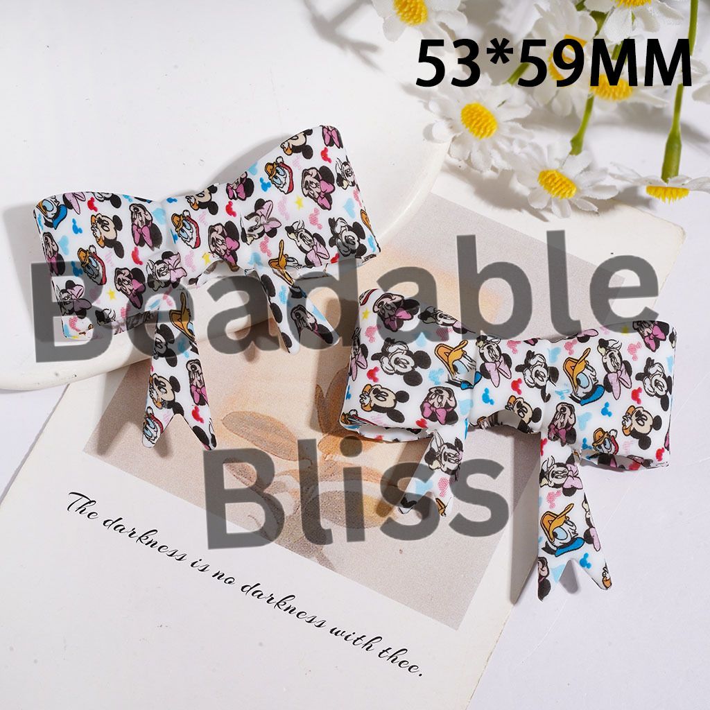 Silicone Focal Beads Soft Bowtie with Boy Mouse & Duck Series Print, 53*59MM