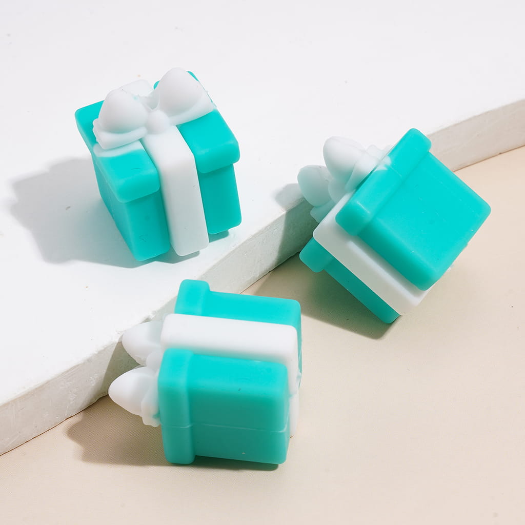 3D Vivid Turquoise and Teal Gift Box with White Ribbon Silicone Focal Beads
