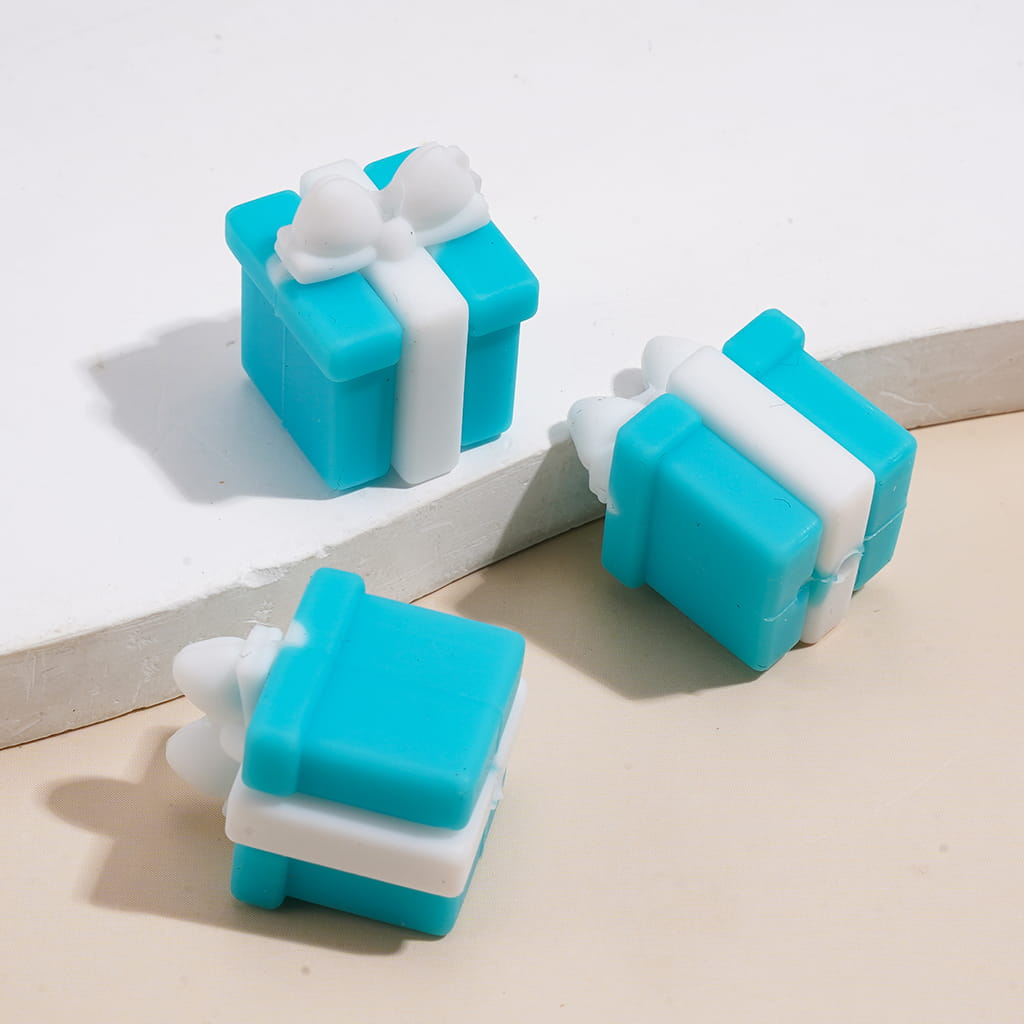3D Vivid Turquoise and Teal Gift Box with White Ribbon Silicone Focal Beads