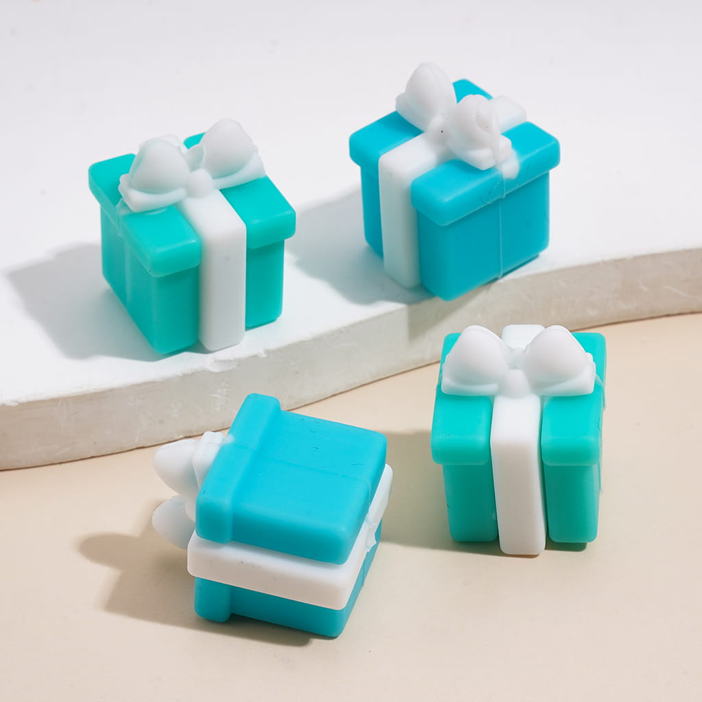 3D Vivid Turquoise and Teal Gift Box with White Ribbon Silicone Focal Beads
