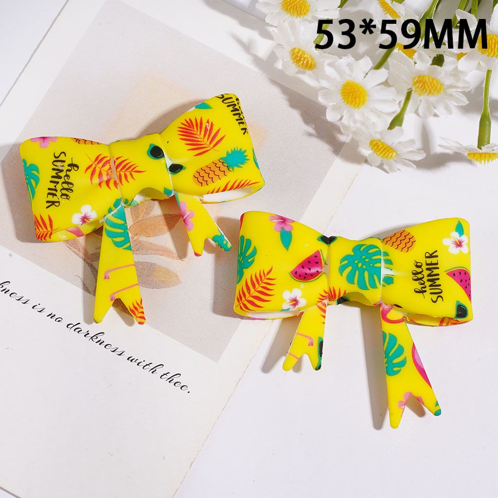 Silicone Focal Beads Soft Bowtie with Flamingo Pineapple Watermelon Monstero Leaf Pattern, Summer Style, 53*59MM