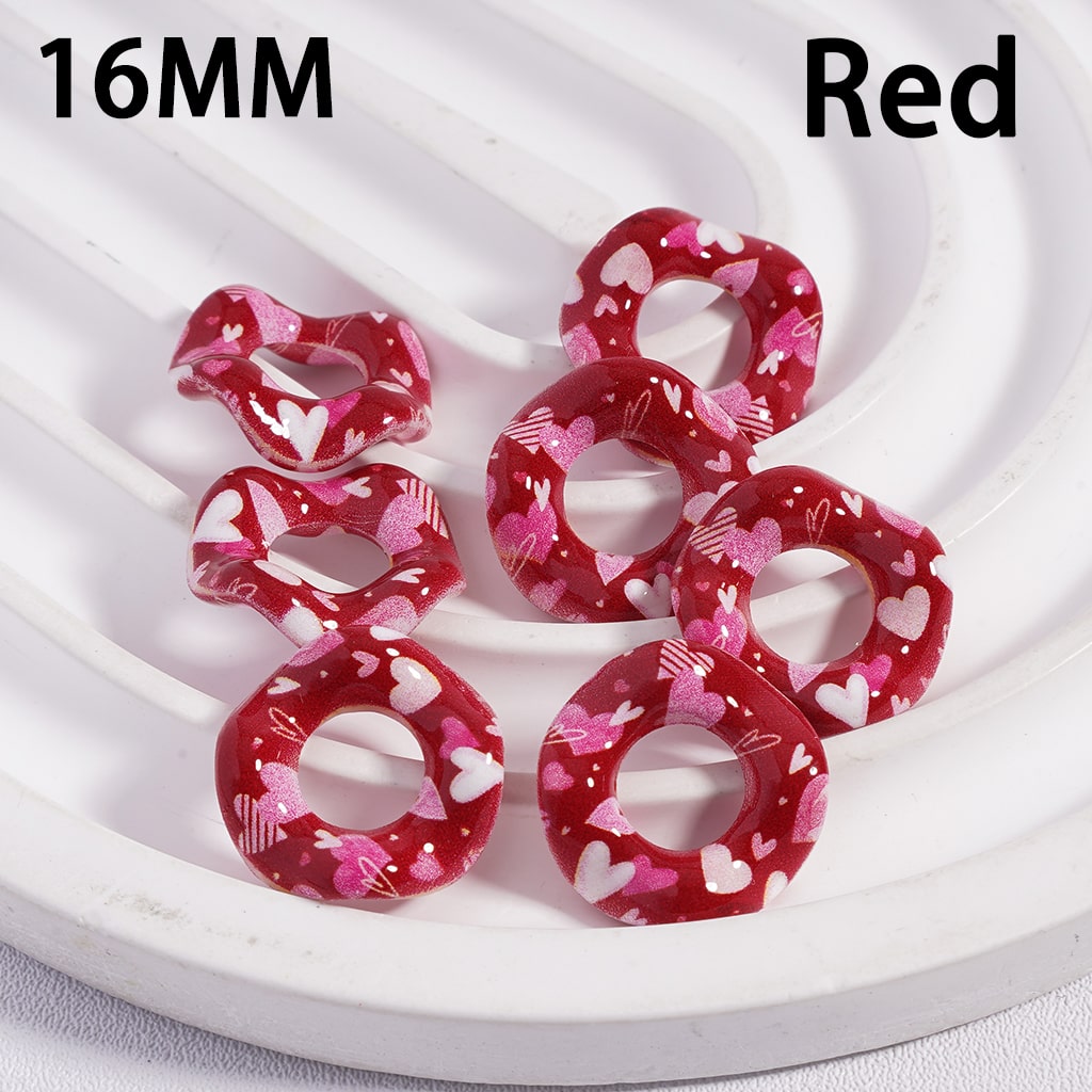 Red heart-patterned rings on a white circular base with '16MM' and 'Red' text.
