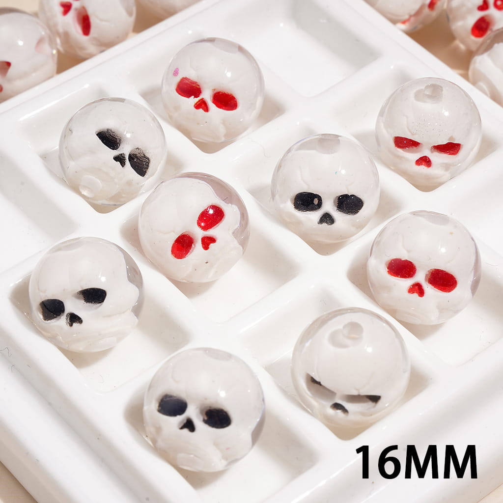 Halloween Skull Head Embedded Inside Clear Acrylic Beads for Bracelets, Red and Black Eye, 16MM, Random Mix