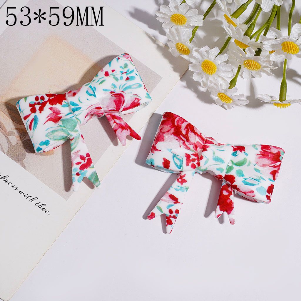 Silicone Focal Beads Soft Bowtie with Green Leaves and Red Flower Print, 53*59MM