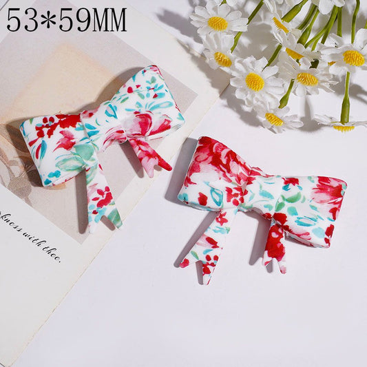 Silicone Focal Beads Soft Bowtie with Green Leaves and Red Flower Print, 53*59MM