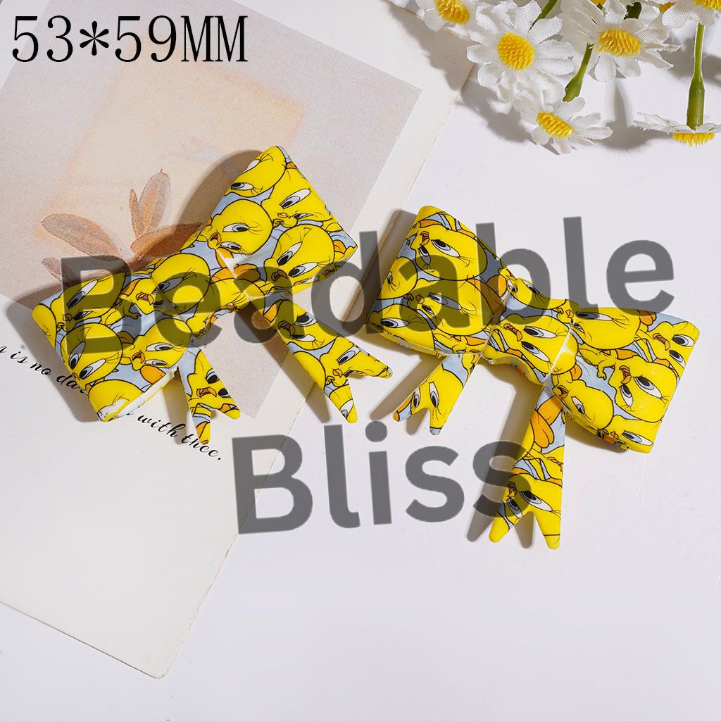 Soft Bowtie with Yellow Bird Print Silicone Focal Beads, 53*59MM