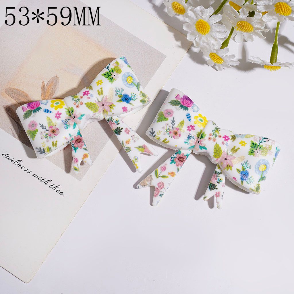 Silicone Focal Beads Soft Bowtie with Various Style Flower Print, 53*59MM