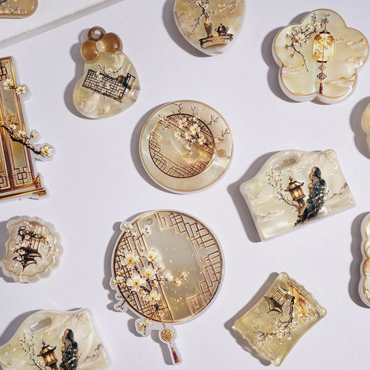 Acrylic Beads and Pendants Traditional Style with Plum Blossom Pavilion Lantern Window Landscape, Random Mix