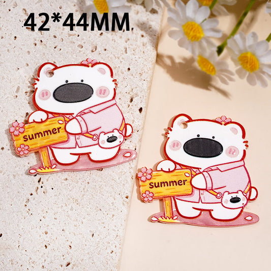 Acrylic Charm Pendant w Bear Holding “Summer” Sing Board, Hanging Loop, 42*44MM