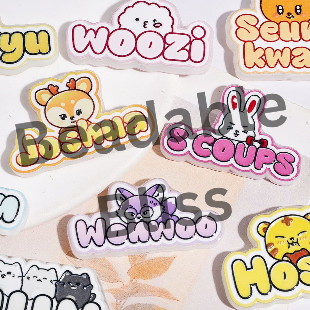Korea Boy Group Member Animal Image and Name Text Series Acrylic Beads, Random Mix