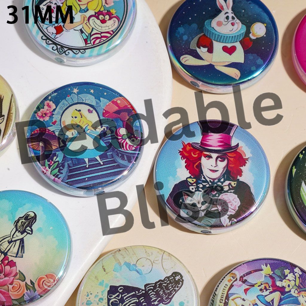 Acrylic Beads UV-Coated with Girl Character into Rabbit Hole Fantasy World Series, 31MM, Flat Round Shape, Random Mix