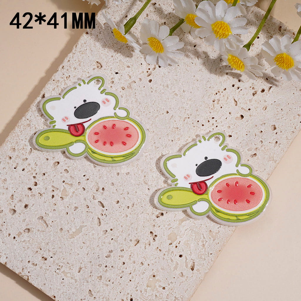 Acrylic Charm Pendant w Cute White Dog Eating Watermelon, Hanging Loop 42*41MM