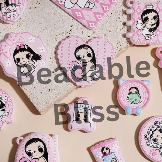 Acrylic Beads and Pendants Big Eyes Girl Character in Pink Series, Random Mix