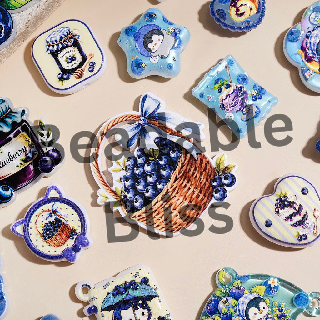 Penguin and Cute Cat Character with Blueberry Jam Bread Ice Cream in Blue Series Acrylic Beads and Pendants, Random Mix