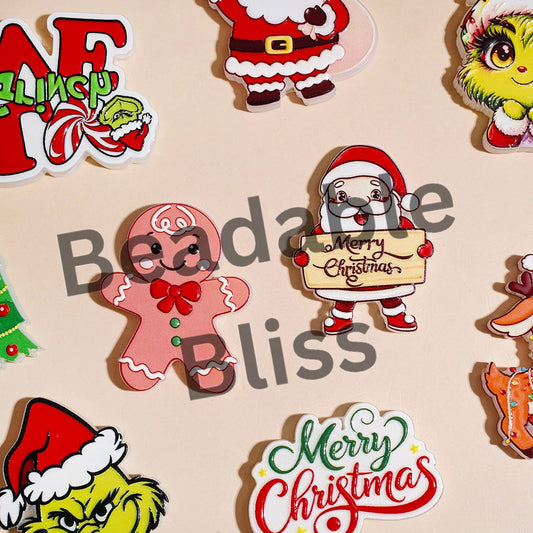 Christmas Green Series Character Santa Claus Gingerbread Man Christmas Tree Reindeer Acrylic Beads, Random Mix