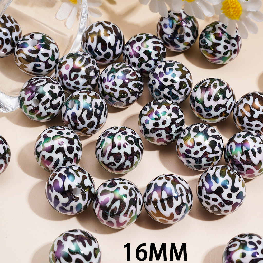 Acrylic Beads for Bracelets UV Coating with Black White Cow Pattern, 16MM