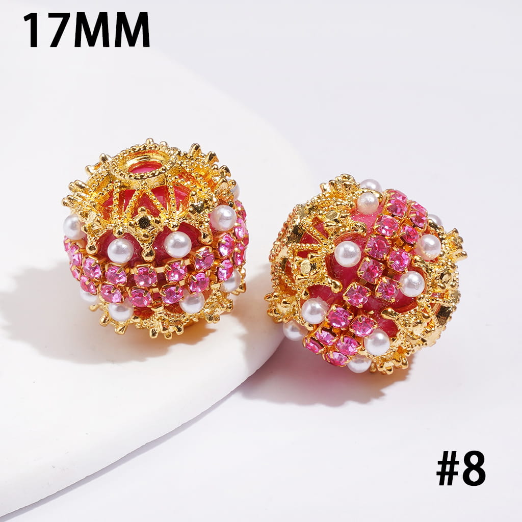 Hand-Made Acrylic Beads w Gold Filigree, Double-Layer Pearls & Clear Rhinestone Chain 17MM, Multi-Color