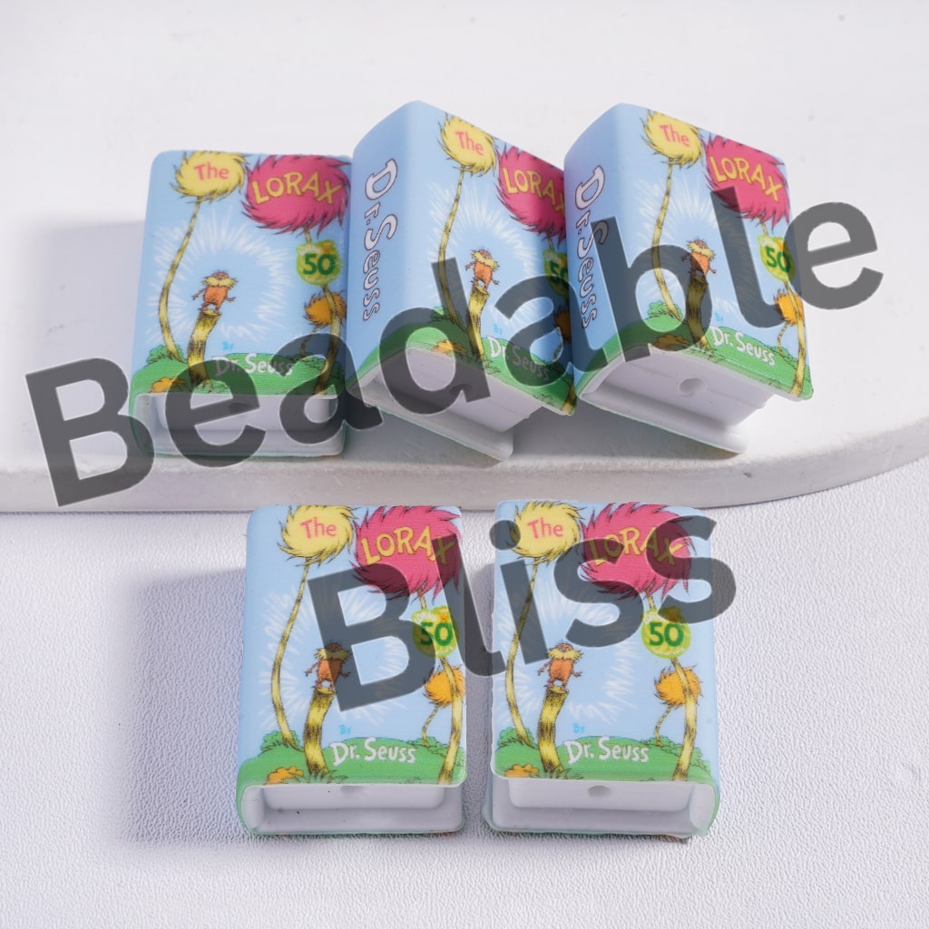 Two sets of 'The Lorax' themed erasers on a white background with 'beadablebliss' branding.