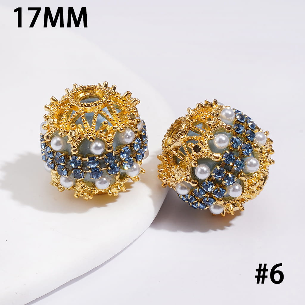 Hand-Made Acrylic Beads w Gold Filigree, Double-Layer Pearls & Clear Rhinestone Chain 17MM, Multi-Color