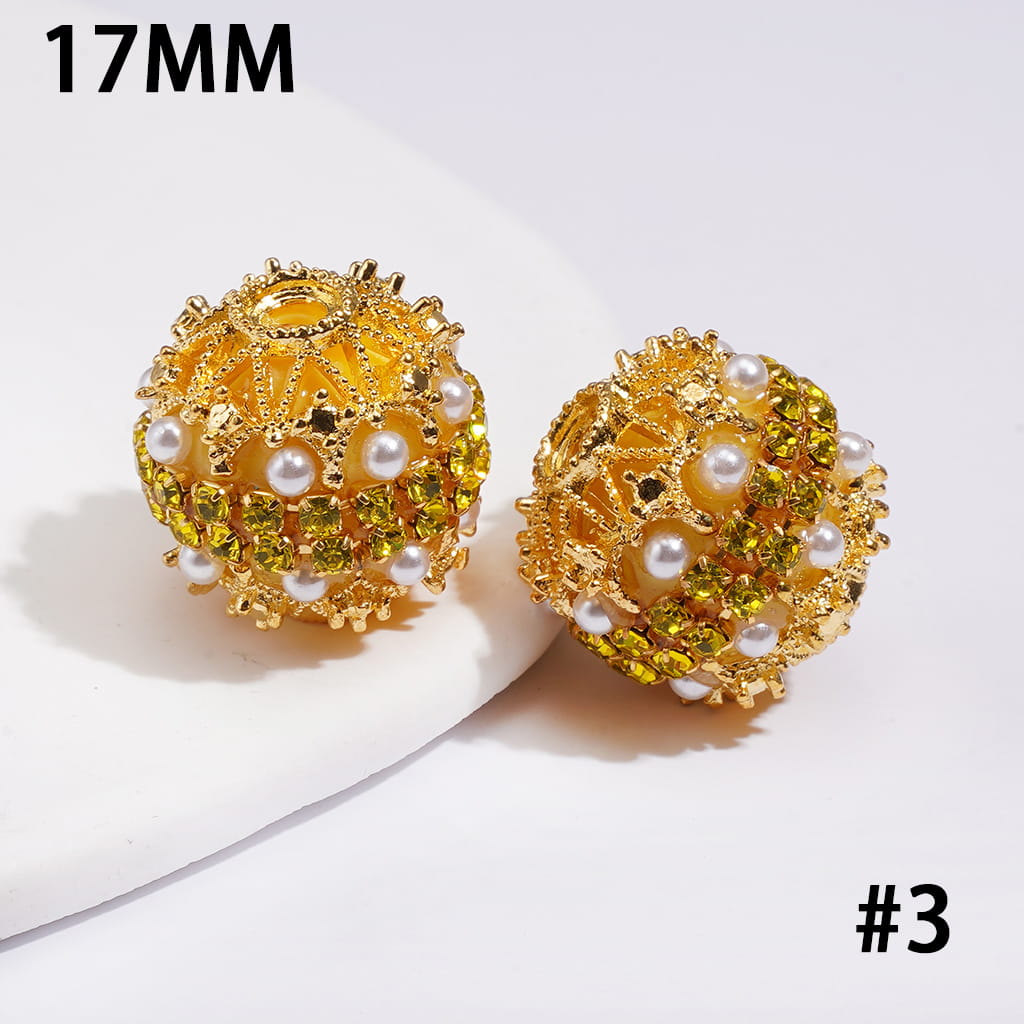 Hand-Made Acrylic Beads w Gold Filigree, Double-Layer Pearls & Clear Rhinestone Chain 17MM, Multi-Color