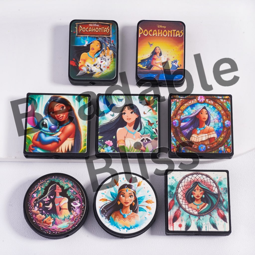 Set of Pocahontas-themed coasters on a white background