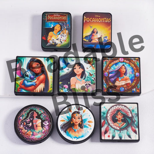 Set of Pocahontas-themed coasters on a white background
