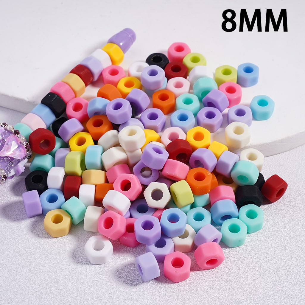 Assorted colorful beads with a '8MM' label on a white background

