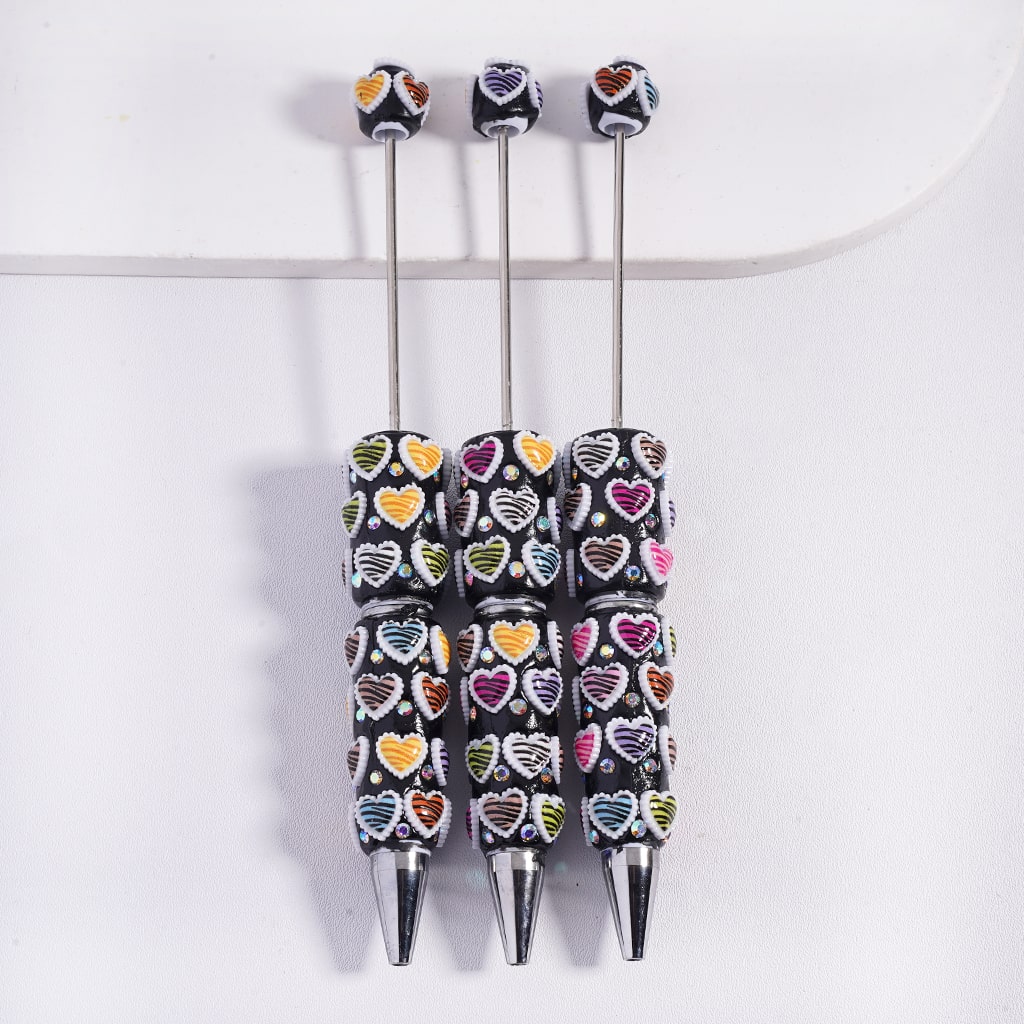 Beadable Clay Pens with Black Stripes Heart in Various Colors, AB Rhinestones