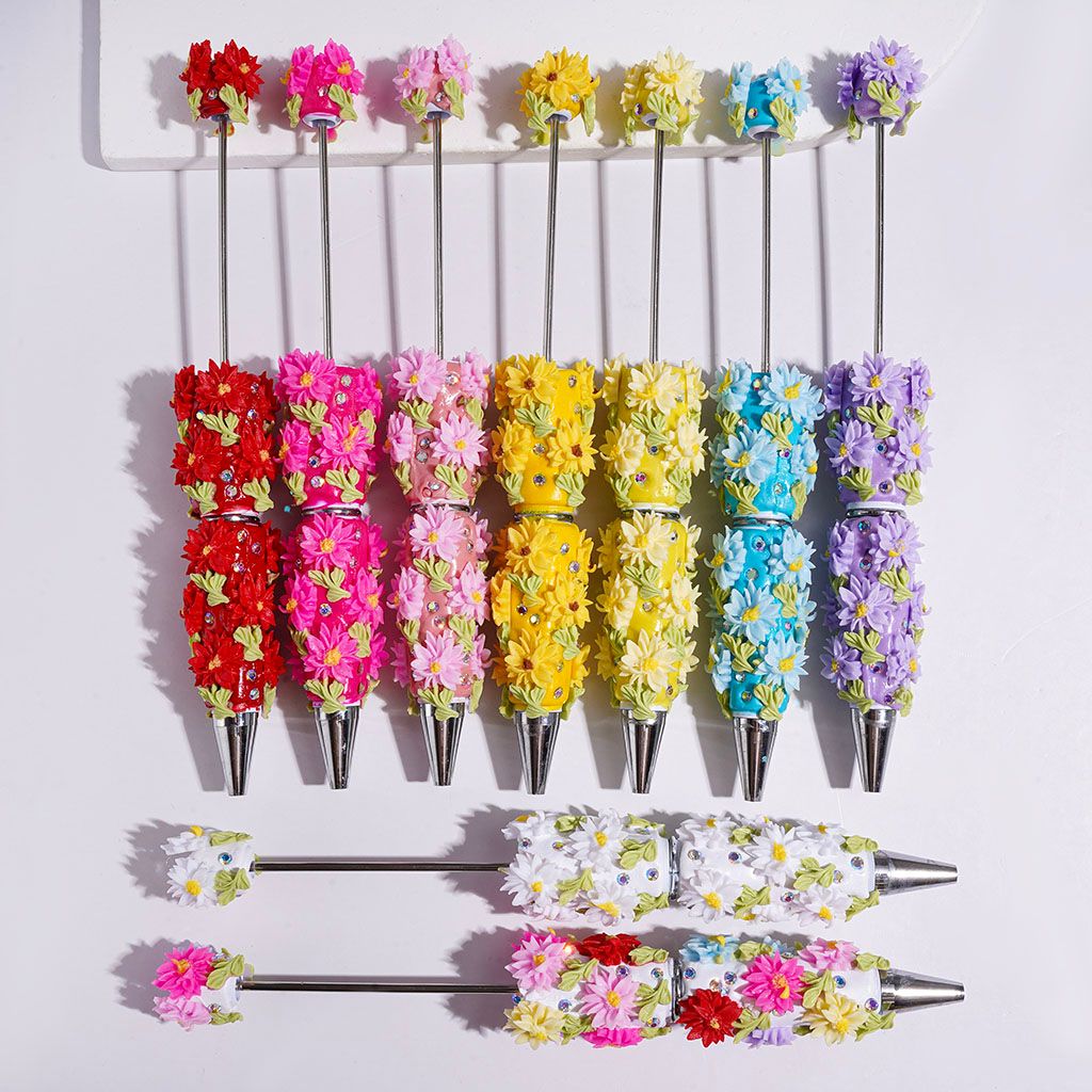 Beadable Clay Pens with Flower Light Green Leaf and AB Rhinestone, Pen Cap with Half-Shell Pearl, Multi-Color