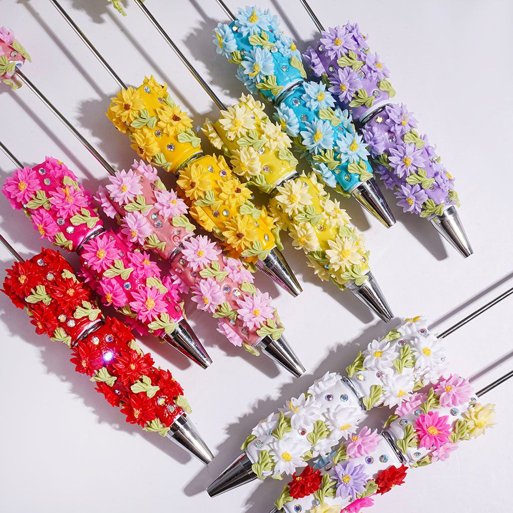 Beadable Clay Pens with Flower Light Green Leaf and AB Rhinestone, Pen Cap with Half-Shell Pearl, Multi-Color