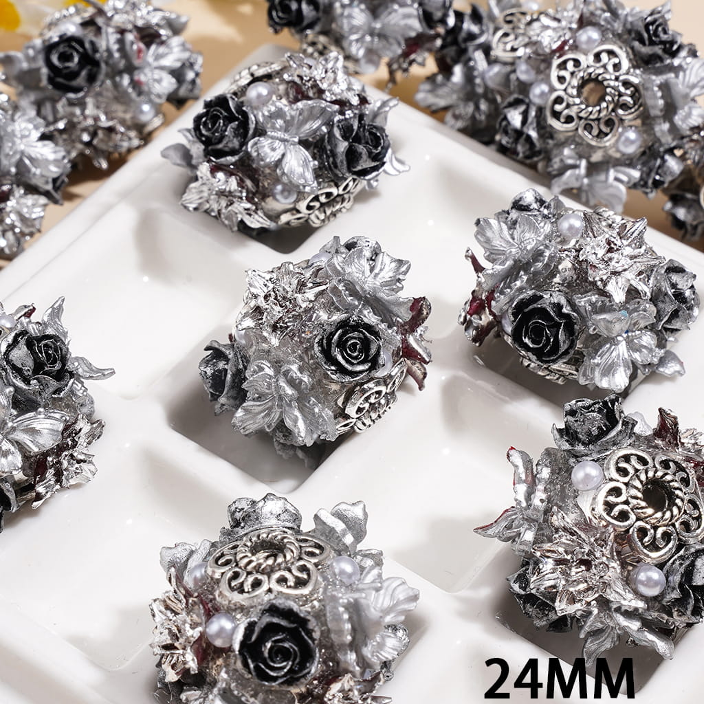 Handmade Acrylic Beads Featuring Black Rose & Sliver Gray Butterfly Flowers, Silver Floral Metal Cap, Half Pearl, 24MM