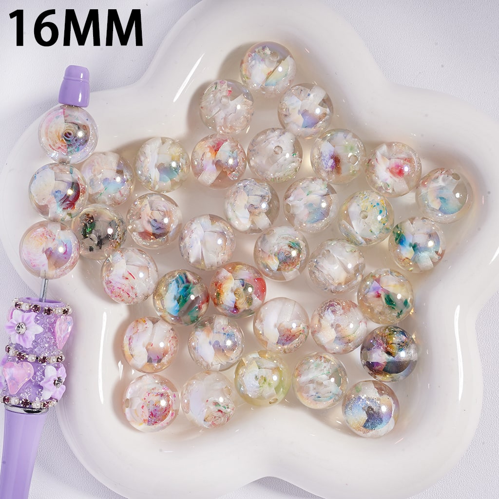 Acrylic Beads for Bracelets UV Coating Flowers and Glitter Embedded Inside Bead, 16MM, Translucent, Random Mix